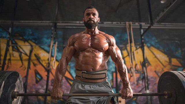 Athlete performing deadlifts in a CrossFit gym, powerful stance, veins and muscles visible, graffiti walls and iron weights adding raw energy.
