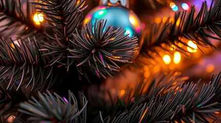Iridescent Christmas Tree Close-Up with Vibrant Shifting Colors and Reflective Details