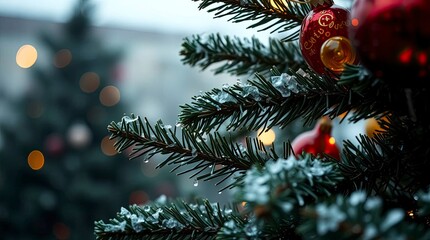 Rain-Soaked Christmas Tree Close-Up with Detailed Textures and Reflective Wet Surfaces