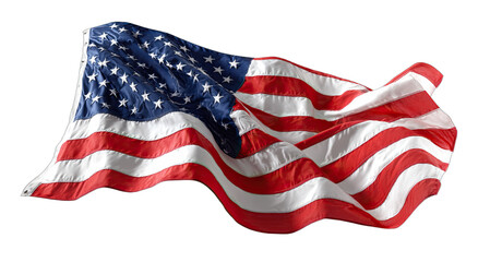A waving American flag against a transparent background, stars and stripes flowing