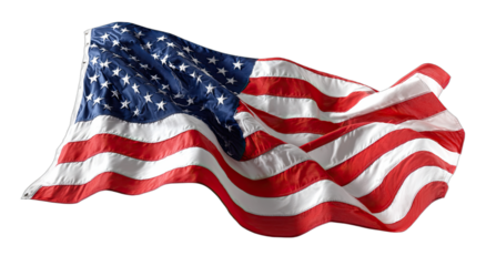 A waving American flag against a transparent background, stars and stripes flowing