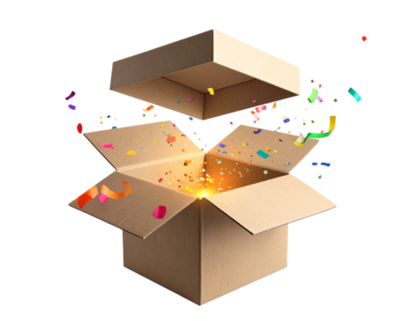 Whimsical Birthday Box Opened with Flying Party Confetti on Transparent Background