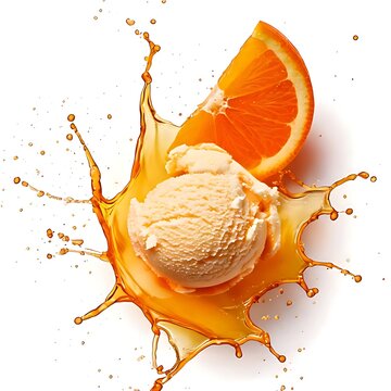Isolated on a white background are an orange piece and an ice cream scoop or balls with a splash.