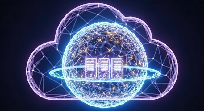 Secure cloud servers offering scalable storage solutions for global businesses, with modern digital network architecture for enhanced cybersecurity and data analytics - Powered by Adobe