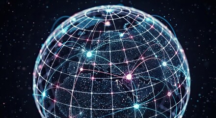 Dynamic global network visualization with interconnected nodes and vibrant data streams, perfect for illustrating worldwide communication or cutting-edge technology trends