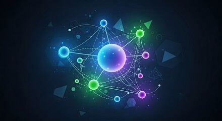Stunning network visualization with glowing spheres and geometric connections for cutting-edge technology and science concepts, dynamic and modern presentation