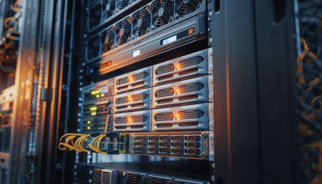 Modern network server rack technology, glowing data center hardware, organized cables, advanced infrastructure, fast digital communication, secure business environment, efficient operations.