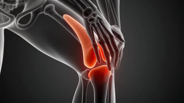 A 3D anatomical visualization showing a human hand touching a knee joint with a glowing inflammation indicator. The transparent skeletal and muscular structure enhances detail, making it suitable for 