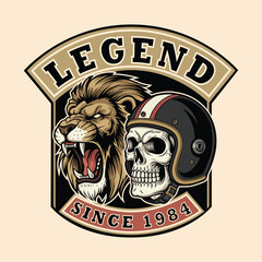 Bold vintage biker emblem with roaring lion and skull wearing helmet for edgy apparel designs, perfect for motorcycle clubs and retro fashion brands