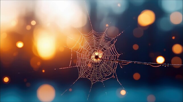 A detailed spider web, glistening with dew drops, is prominently featured against a softly blurred background of warm, glowing bokeh lights.