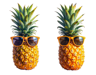 Two Cool Pineapple Variations Wearing Sunglasses, isolated on transparent background