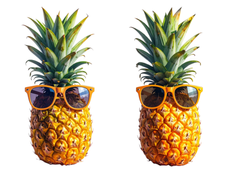 Two Cool Pineapple Variations Wearing Sunglasses, isolated on transparent background