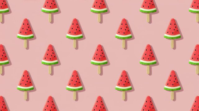 Seamless pattern of watermelon slice popsicles on pink background. Concept of summer sweetness, fruity fun, and playful dessert design.