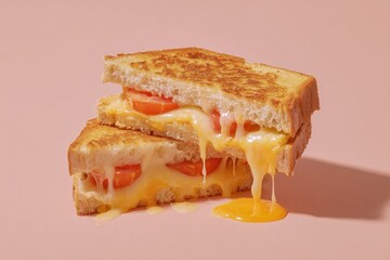 Grilled cheese sandwich with tomato slices and melted cheddar dripping between bread