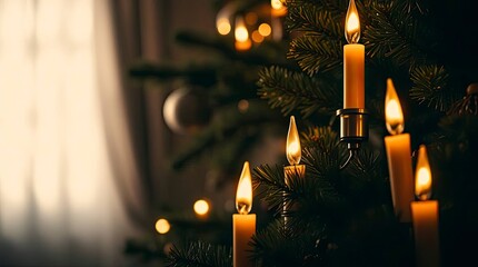 Dramatic Cinematic Christmas Tree with Warm Flickering Candle Lights and Film-Like Glow