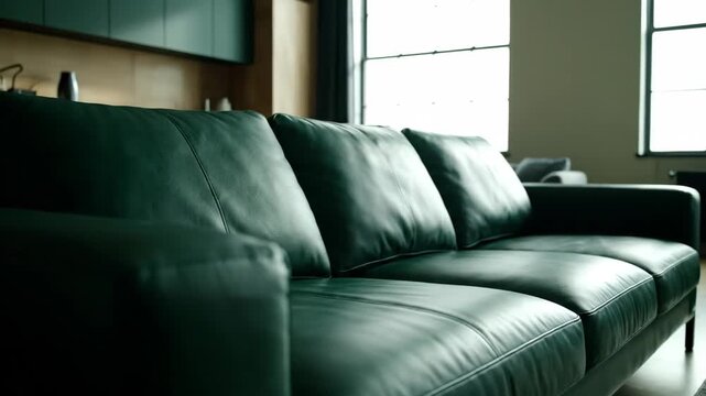 Black Leather Sofa in a Modern Living Room with Bright Sunlight