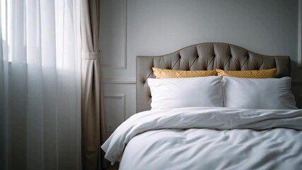 Cozy bed with plush headboard, soft natural light creates a serene ambiance, inviting bedroom for restful sleep and relaxation, perfect for winter retreats