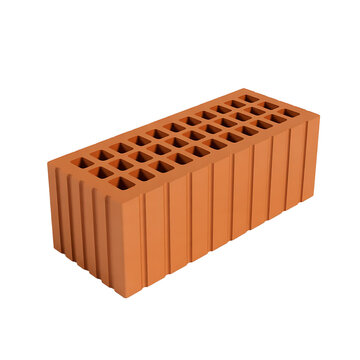 A single red perforated clay brick with many square holes isolated on transparent background