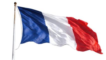 French flag with blue, white, and red vertical stripes waving on a pole