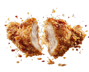 Crispy fried chicken piece split in half, revealing white meat with scattered crumbs