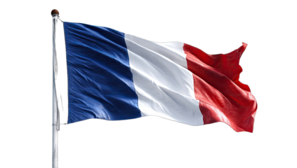 French tricolor flag proudly waving on a flagpole against a dark background