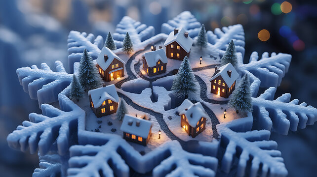 A tiny Christmas village carved inside a giant snowflake viewed under a microscope showing miniature houses glowing softly in a surreal macro perspective with intricate icy patterns surrounding them