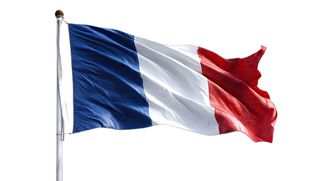 French tricolor flag proudly waving on a flagpole against a dark background