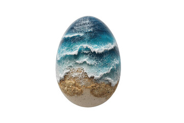Realistic egg sculpture with a beach and ocean wave scene