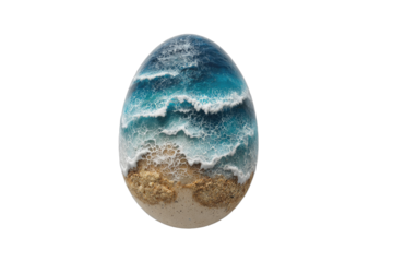 Realistic egg sculpture with a beach and ocean wave scene