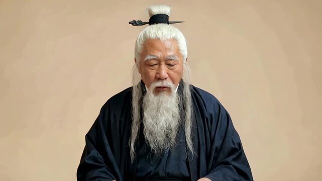 Elderly man with long white beard and traditional hairstyle wearing a dark robe and headpiece standing against a plain background