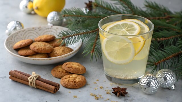 Festive refreshment with lemon drink and cookies amidst christmas decorations