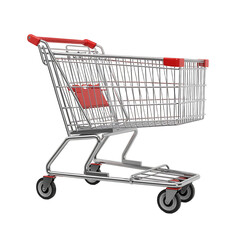 A detailed chrome and red metal shopping cart with four wheels isolated on transparent background