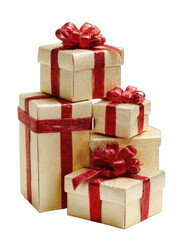 Stacked festive boxes adorned with shimmering ribbons and bows