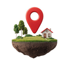 Floating island with a house, trees, and a large red location marker