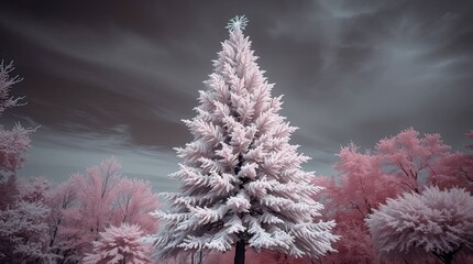 Elegant Christmas Tree in Surreal Infrared Tones with Otherworldly Appearance