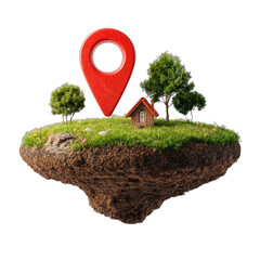 A tiny floating island with a small house, trees, and a map marker