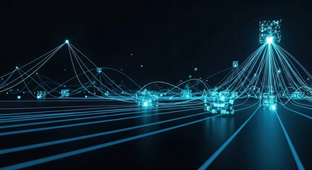 Futuristic data network visualization with glowing connections, perfect for illustrating AI, cloud computing, and digital transformation concepts in tech industry