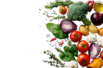 Assortment of fresh, colorful vegetables and herbs arranged on a dark background
