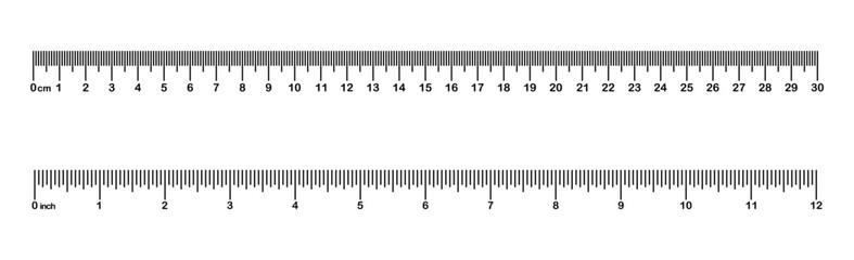 Vector illustration of Inch, metric rulers. Measuring tool. Ruler 30 cm, 12 inch. Grid cm, inch. Metric Centimeter, inch size indicators. Ruler scale on white background.