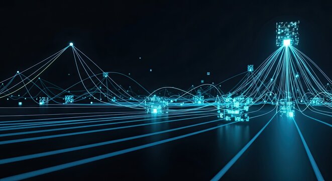 Futuristic data network visualization with glowing connections, perfect for illustrating AI, cloud computing, and digital transformation concepts in tech industry - Powered by Adobe