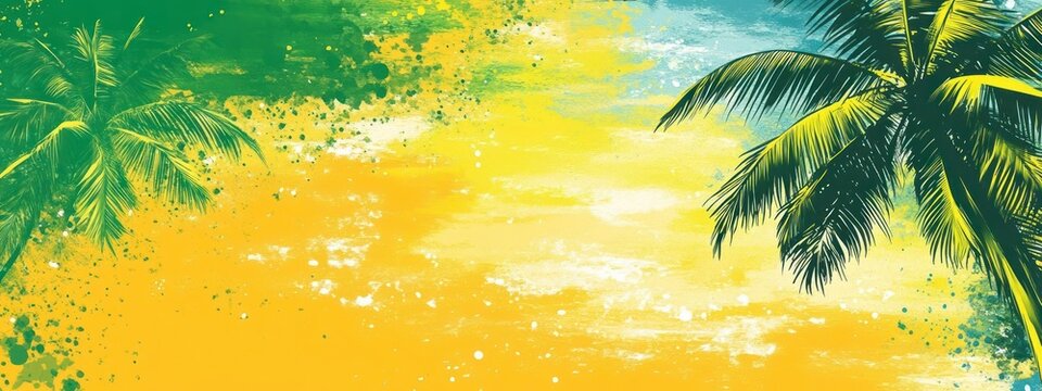 A serene beach scene with palm trees and a sunset sky - Powered by Adobe