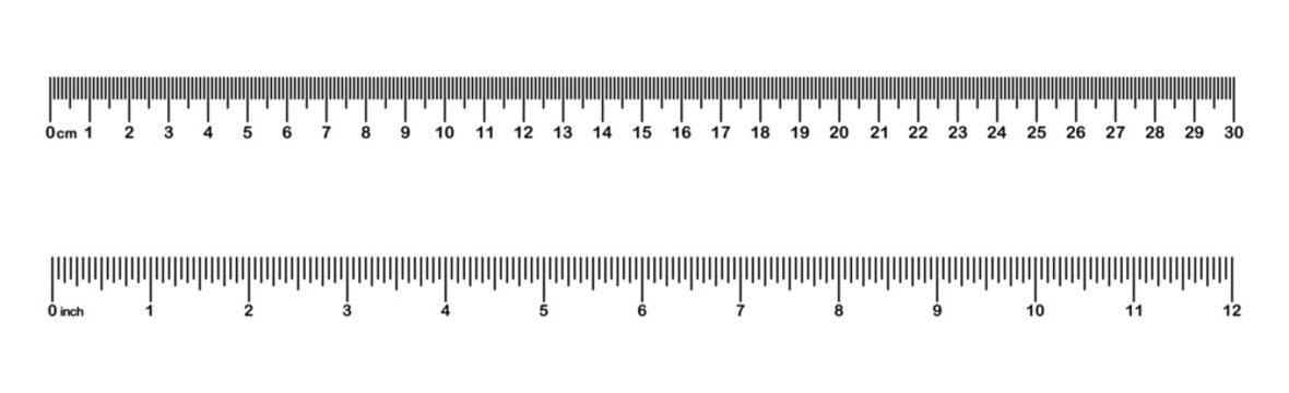 Vector illustration of Inch, metric rulers. Measuring tool. Ruler 30 cm, 12 inch. Grid cm, inch. Metric Centimeter, inch size indicators. Ruler scale on white background.