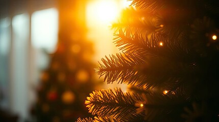 Warm Golden Glow Close-Up of a Christmas Tree with Soft Cinematic Haze and Luxury Atmosphere