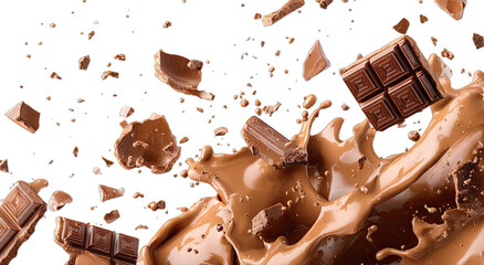Smooth milk chocolate melting and splashing with broken pieces