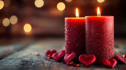 Two red candles with heart decorations on a wooden table
