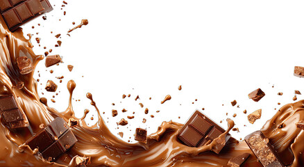 Liquid chocolate splashes over broken chocolate bars and crumbs