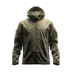 Hooded olive green tactical jacket with multiple pockets