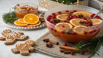 Festive holiday punch with oranges cranberries and gingerbread cookies