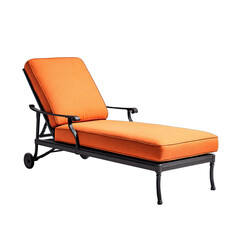 A dark metal frame chaise lounge with an orange cushioned seat and back