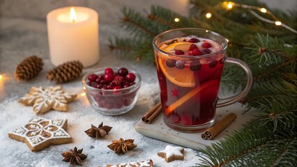 Cozy christmas eve with mulled wine gingerbread cookies and festive decorations